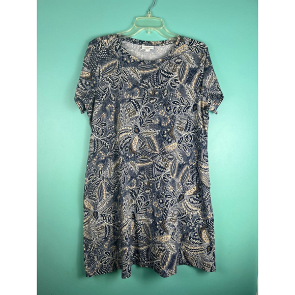 purejill Dresses & Skirts - J.Jill Pure Jill Women’s L Petite Navy Beige Leaf Print Short Sleeve Dress Pocke